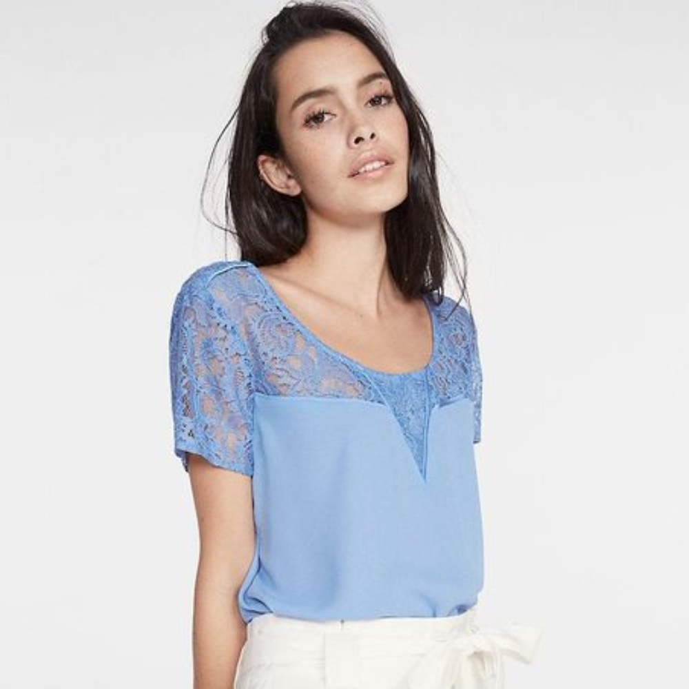 Express Blue Lace Step Hem Crew Neck Top